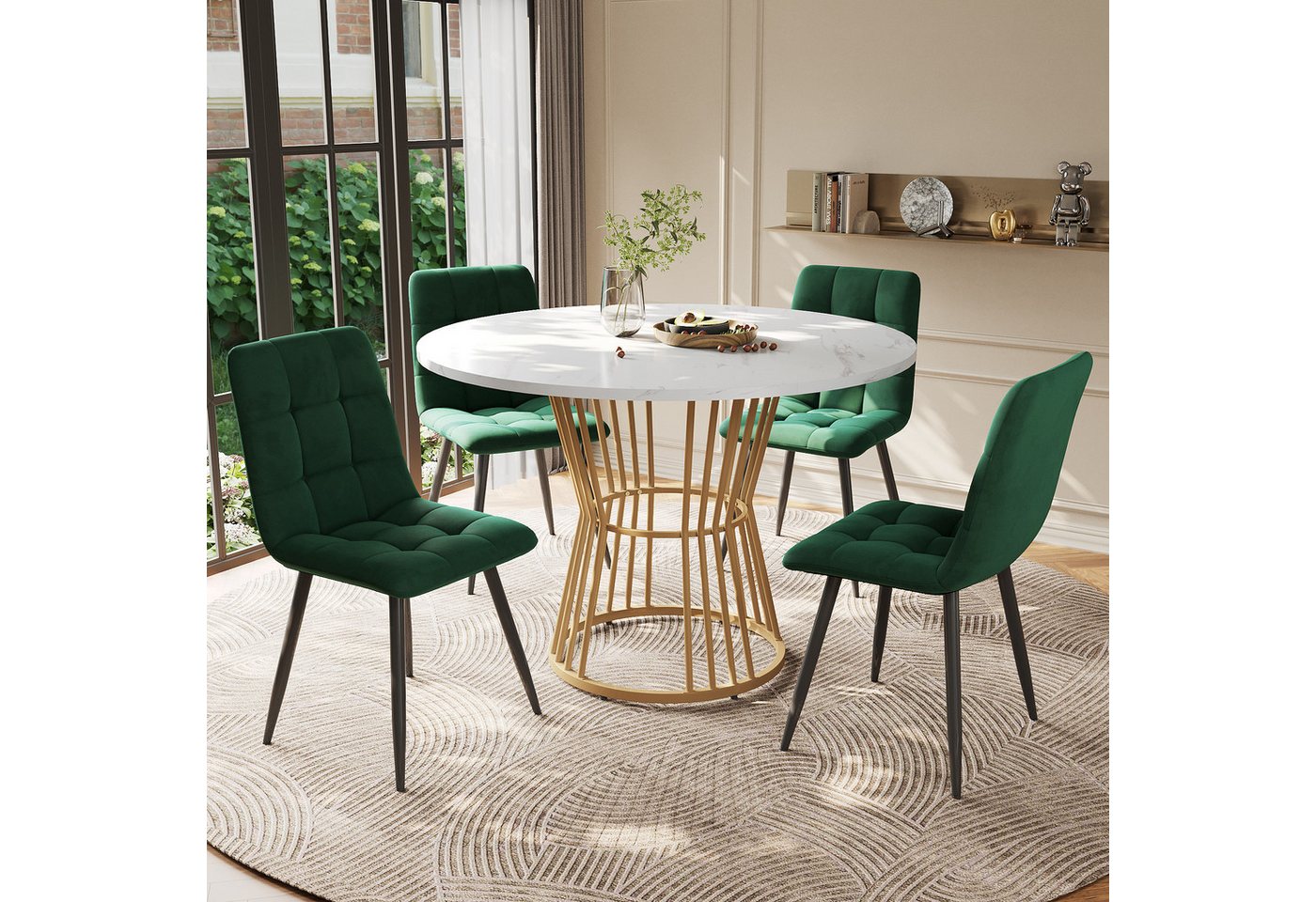 IDEASY Essgruppe Rundes Esstisch-Set 5-tlg. mit 4 Samtstühlen, 100cm MDF & Goldbeine von IDEASY