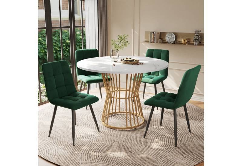 IDEASY Essgruppe Rundes Esstisch-Set 5-tlg. mit 4 Samtstühlen, 100cm MDF & Goldbeine von IDEASY