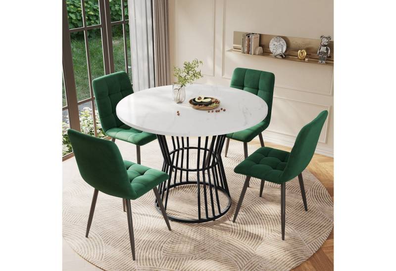 IDEASY Essgruppe Rundes Esstisch-Set 5-tlg. mit 4 Samtstühlen, 100cm MDF & Goldbeine von IDEASY