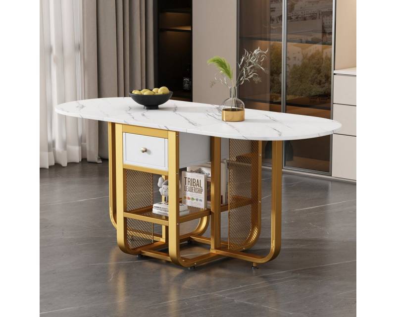 IDEASY Esstisch Klappbarer Esstisch, Marmorfurnier, ovaler Tischplatte, Metallrahmen (Multifunktionaler Teleskop-Esstisch), 1 Schublade & offenes Fach, Belastbar bis 130 kg von IDEASY