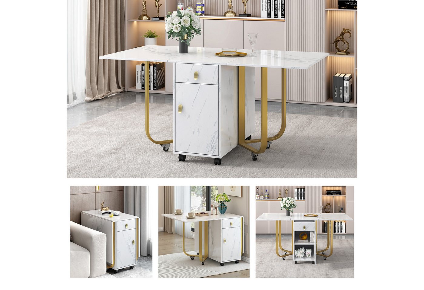 IDEASY Esstisch Klappbarer Esstisch mit Schubladen, Schrank & Rollen IDEASY Esstisch Klappbarer Esstisch mit Schubladen, Schrank & Rollen von IDEASY