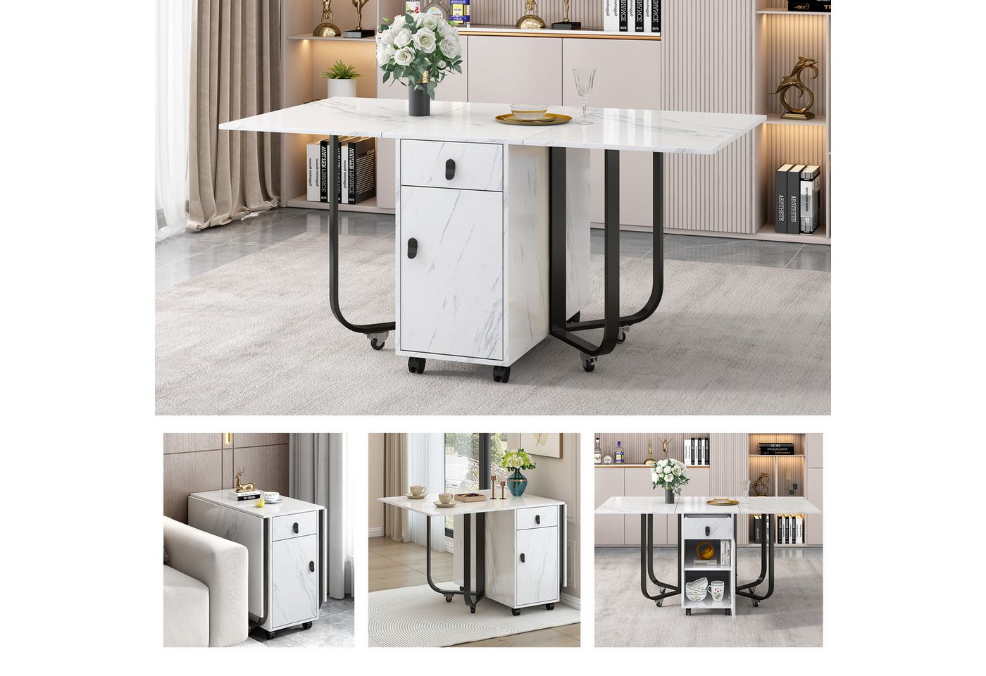 IDEASY Esstisch Klappbarer Esstisch mit Schubladen, Schrank & Rollen IDEASY Esstisch Klappbarer Esstisch mit Schubladen, Schrank & Rollen von IDEASY