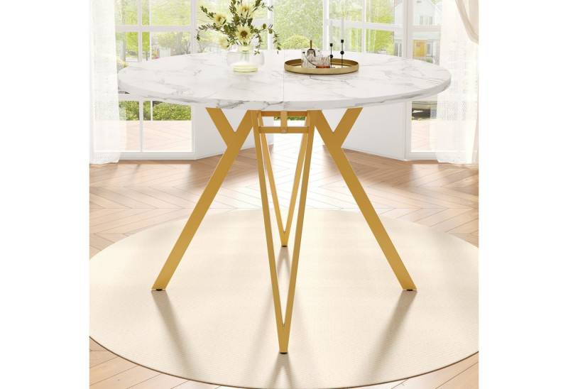 IDEASY Esstisch Runder Esstisch, Couchtisch, Küchentisch für 4 Personen, 100x100x76cm (1 Tisch), Metallbeine in Gold, Tischplatte mit Marmoroptik aus MDF von IDEASY