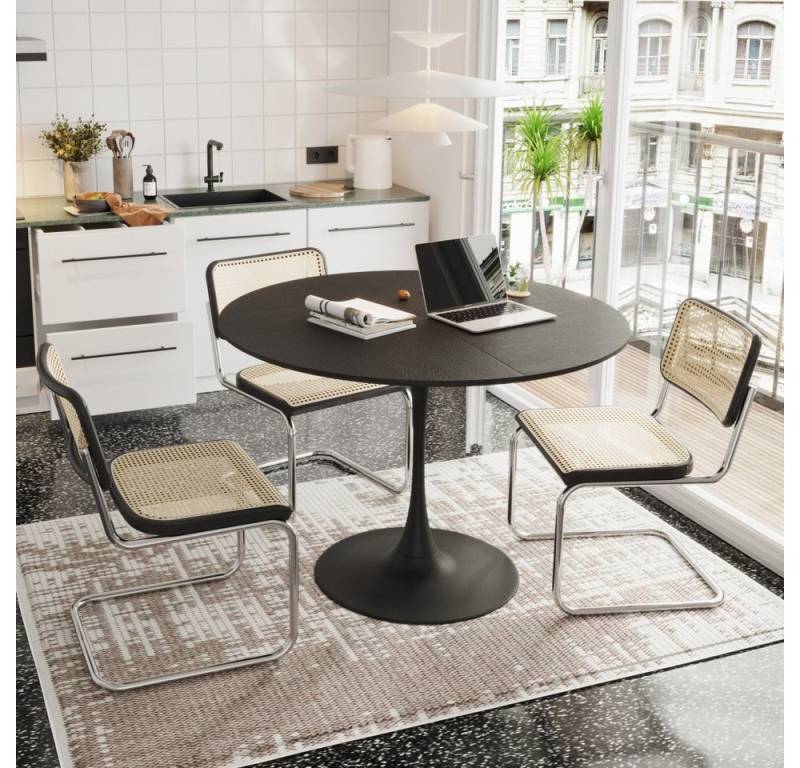 IDEASY Esstisch Runder Esstisch, Durchmesser 120cm, Runder Küchentisch (120*120*75cm, Vier Patchwork-Tischplatten mit massiver Holzmaserung), Mid-Century Freizeittisch für Esszimmer, Wohnzimmer, Cafe, Büro von IDEASY