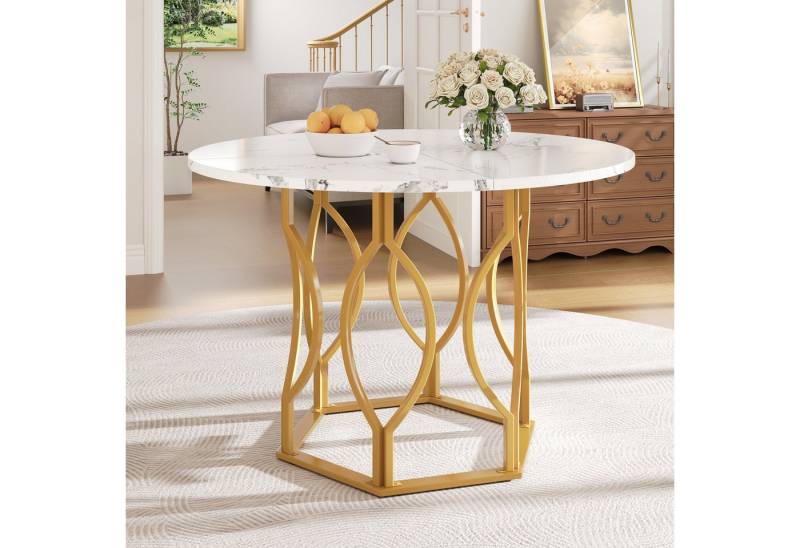 IDEASY Esstisch Runder Esstisch Küchentisch Kaffeetisch für 4 Personen, 100x100x76 cm (1 Tisch), Robuste Metallbeine in Goldoptik, mit Marmordekor von IDEASY