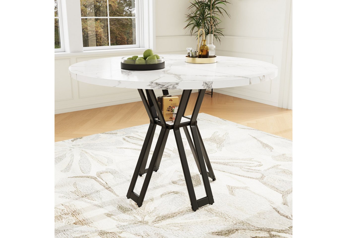 IDEASY Esstisch Runder Marmor-MDF Esstisch 4-6 Personen schwarze Beine von IDEASY
