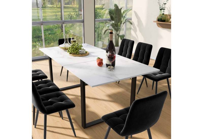 IDEASY Esstisch Teleskoptisch 140/180x80x75cm, Tragkraft 60kg Küchentisch (Moderne Weiße MDF Tischplatte Mit Marmormustern), Beine aus Eisen aus Metall & Vierkantrohrbeine, Bürotisch von IDEASY