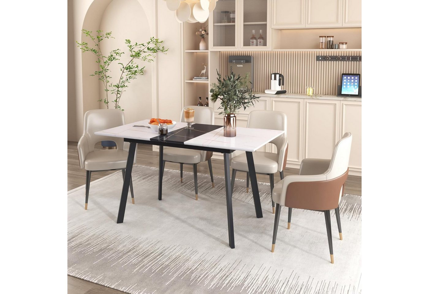 IDEASY Esstisch einziehbarer moderner Esstisch,Metallstruktur, (Vierkantrohrbeine und MDF, bietet Platz für 4–6 Personen), Küchentisch Küche Esszimmer 110-140cm x 75cm x 77cm von IDEASY
