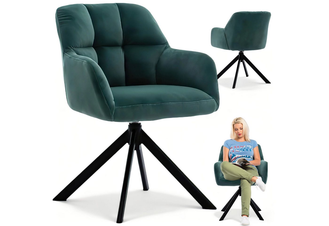 IDEASY Esszimmerstuhl Drehbarer Samtstuhl mit Armlehnen, gepolsterter Komfortstuhl 59×80cm (Ein Stuhl), Eleganter Home-Office-Stuhl aus Samt, 360° drehbar, mit Rückenlehne von IDEASY