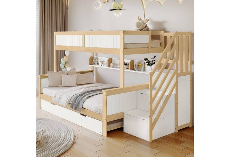 IDEASY Etagenbett 90/120x200cm Holzbett mit Kleiderschrank und Schubladen Funktionsbett (Kinderbett mit Fallschutz und Gitterrost, Offene Ablagefächer), Jugendbett mit Rollbett(90*190cm) und Ecktreppe von IDEASY