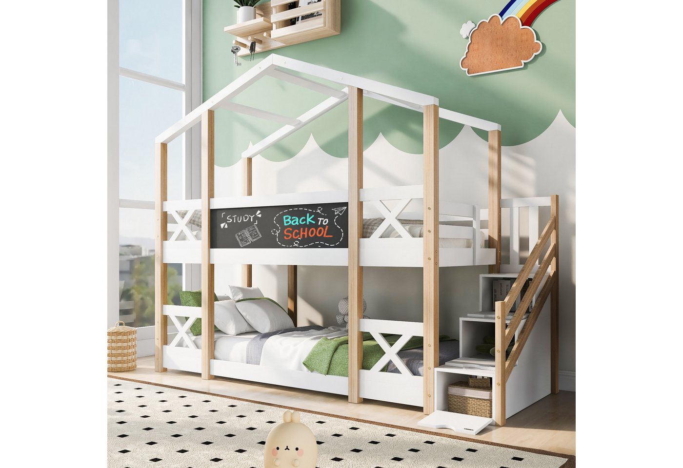 IDEASY Etagenbett Etagenbett im Baumhaus-Stil, 90 x 200 cm, ohne Matratze, natur und weiß, massive Kiefer + MDF von IDEASY