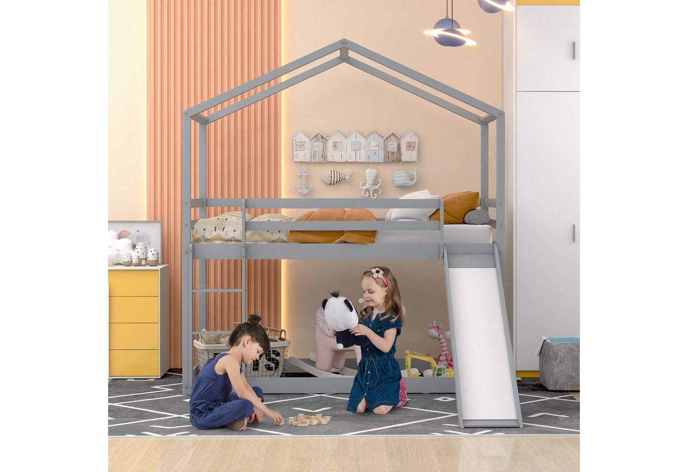 IDEASY Etagenbett Kinder-Etagenbett mit Rutsche, 90x200 cm, umlaufender Absturzschutz, hausförmiges Design, geeignet für Teenager, Mädchen, Jungen von IDEASY