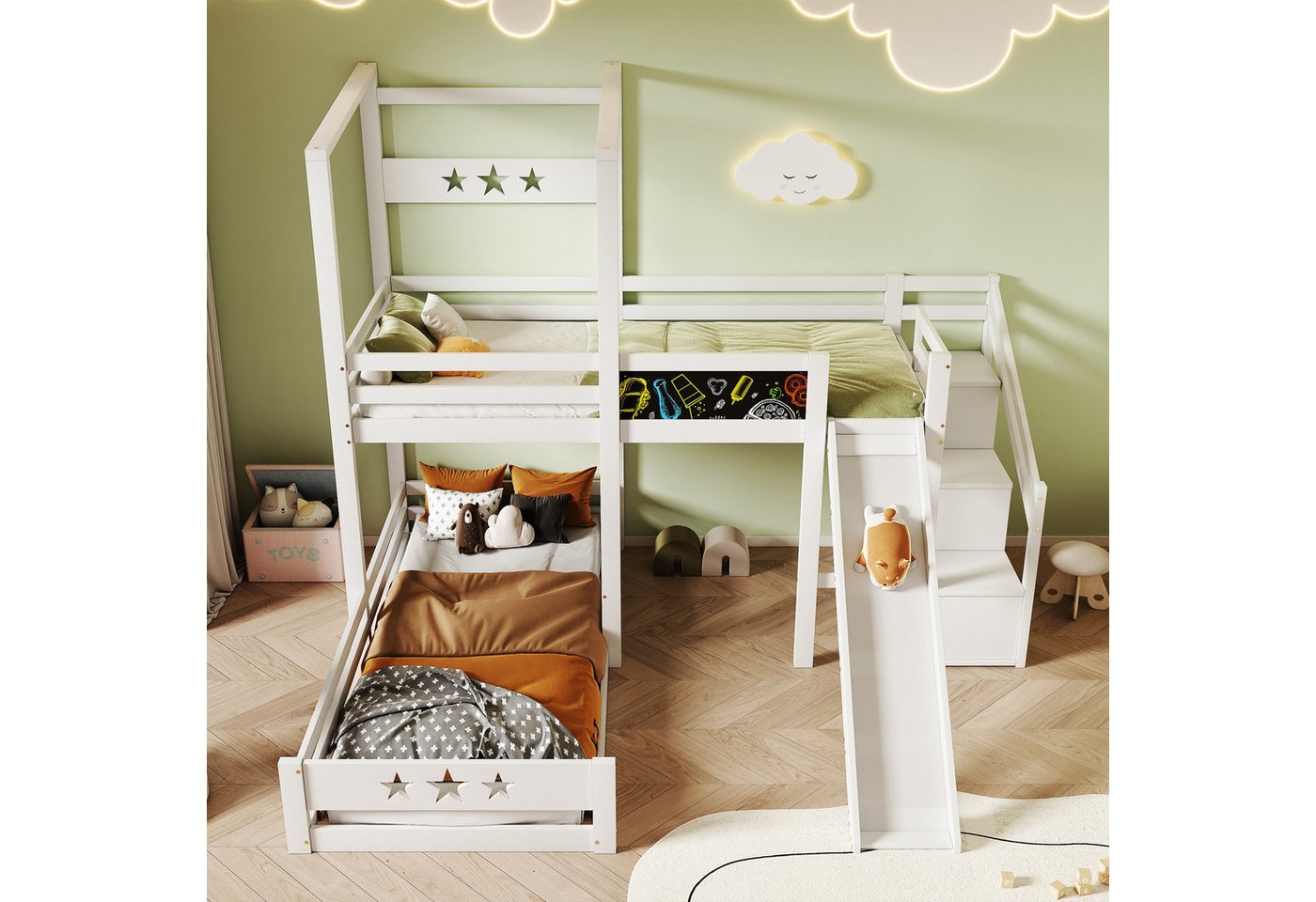 IDEASY Etagenbett Kinder-Etagenbett mit Rutsche, weiß, Treppe mit Stauraum, (Geländerhöhe 26 cm), 90x200 cm, Absturzsicherung, mit Tafel, Sternmotiv am Bett von IDEASY