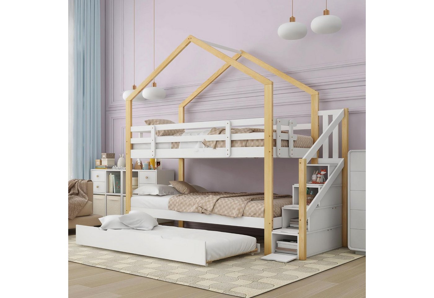 IDEASY Etagenbett Kinder-Lattenbett, ausziehbares Etagenbett, Kinderbett mit Treppe, 4 MDF-Schubladen für Bücher und Spielzeug, Kinderzimmer, Gästezimmer von IDEASY