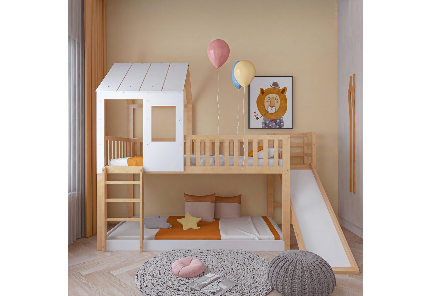 IDEASY Etagenbett Kinderbett. 90x200cm, mit Dach und Fenstern, mit Treppe und Rutschen, (FSC-zertifiziert, mit 3 4,5cm hohen Geländer), Ideal für Jungen-/Mädchen-/Kinderzimmer von IDEASY