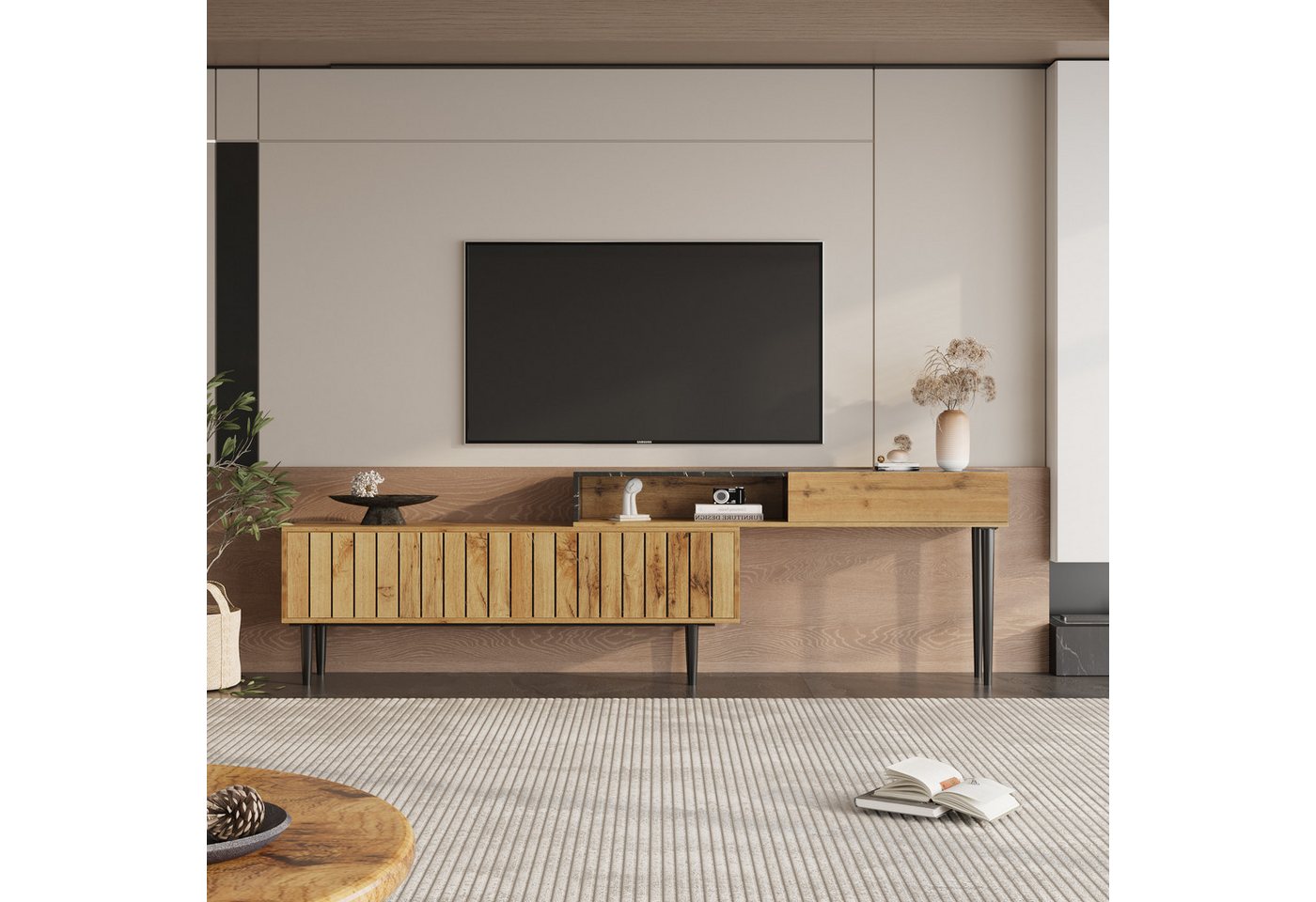 IDEASY Fächerschrank Moderner TV-Schrank, Marmor- und Holzdesign, PVC-Kante, (Verstellbereich der Schranklänge: 129–200 cm) 6 Beine, 129 x 30 x 58 cm, 2 Türen, unregelmäßiger Korpus von IDEASY