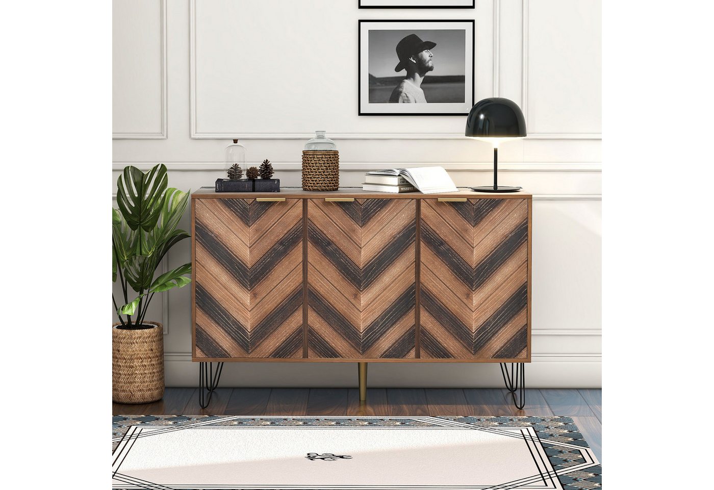 IDEASY Fächerschrank Sideboard, drei Massivholztüren, 120 x 76,5 x 38 cm, (natürliche Holzmaserung) goldene Griffe, geeignet für Wohnzimmer, gang von IDEASY