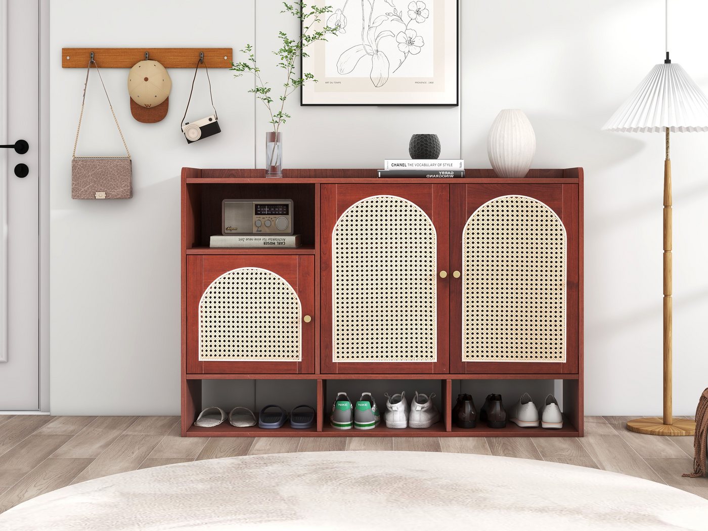 IDEASY Fächerschrank Sideboard aus Walnuss-Rattan, 3 gewölbte Rattantüren, (2 verstellbare Einlegeböden, abgerundete Kanten) 4 offene Ablagefächer, 120 x 36 x 80 cm von IDEASY