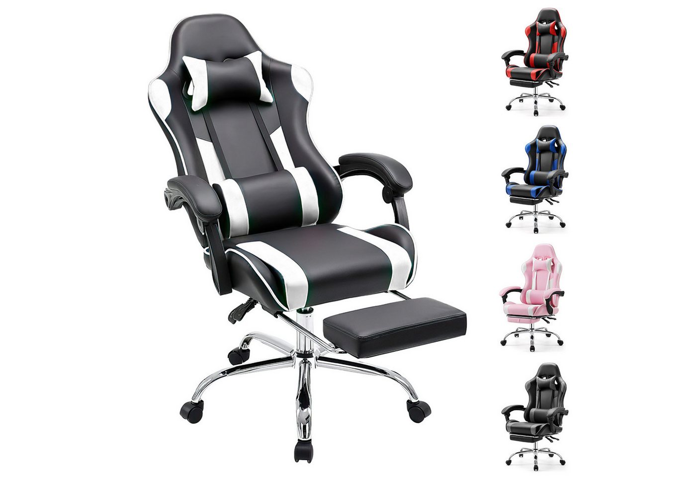 IDEASY Gaming-Stuhl Bürostuhl Computer Gaming Sessel Ergonomischer Gamer Stuhl (Ein Stuhl), Rückenlehne Sitzhöhe Verstellbar mit Fußstütze Kopfstütze Lendenkissen von IDEASY