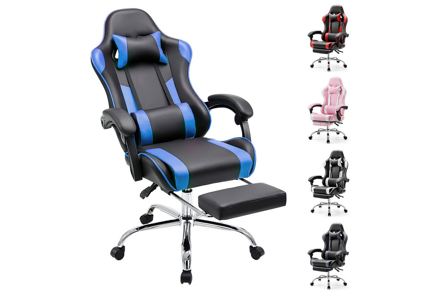 IDEASY Gaming-Stuhl Bürostuhl Computer Gaming Sessel Ergonomischer Gamer Stuhl (Ein Stuhl), Rückenlehne Sitzhöhe Verstellbar mit Fußstütze Kopfstütze Lendenkissen von IDEASY