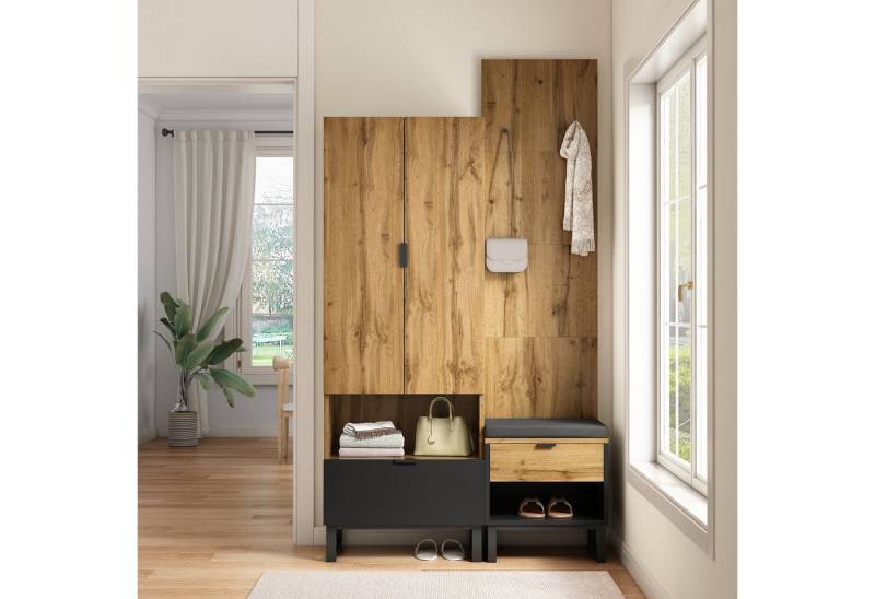 IDEASY Garderoben-Set Garderobe Set, doppeltürig mit Schuhwechselbank in einem Stück, 1 Schublade, Kleiderhaken, Verstellbare Schotten, gepolsterter Sitz von IDEASY