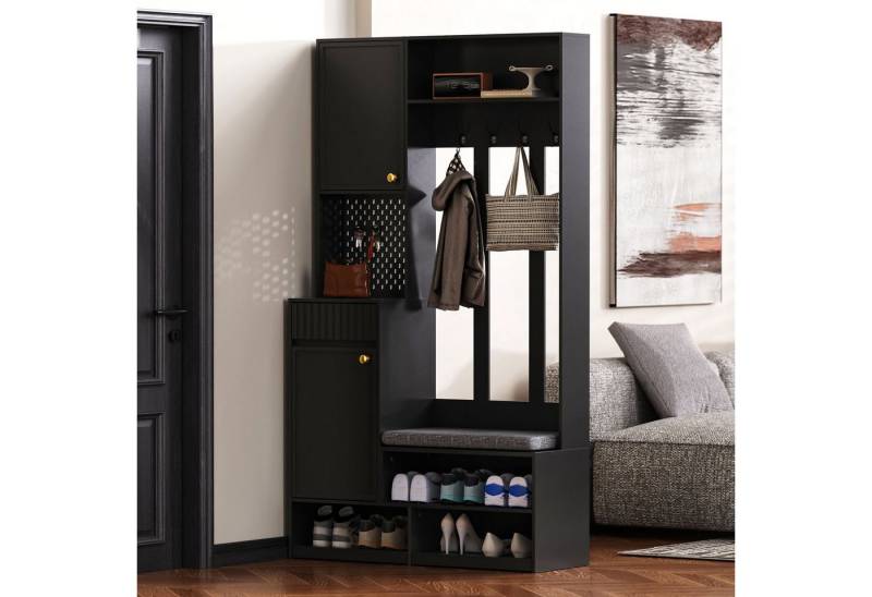 IDEASY Garderobenständer Flurgarderobe mit Sitzbank, 4 Haken, Schubladen – Weiß, 100x180x35 cm von IDEASY