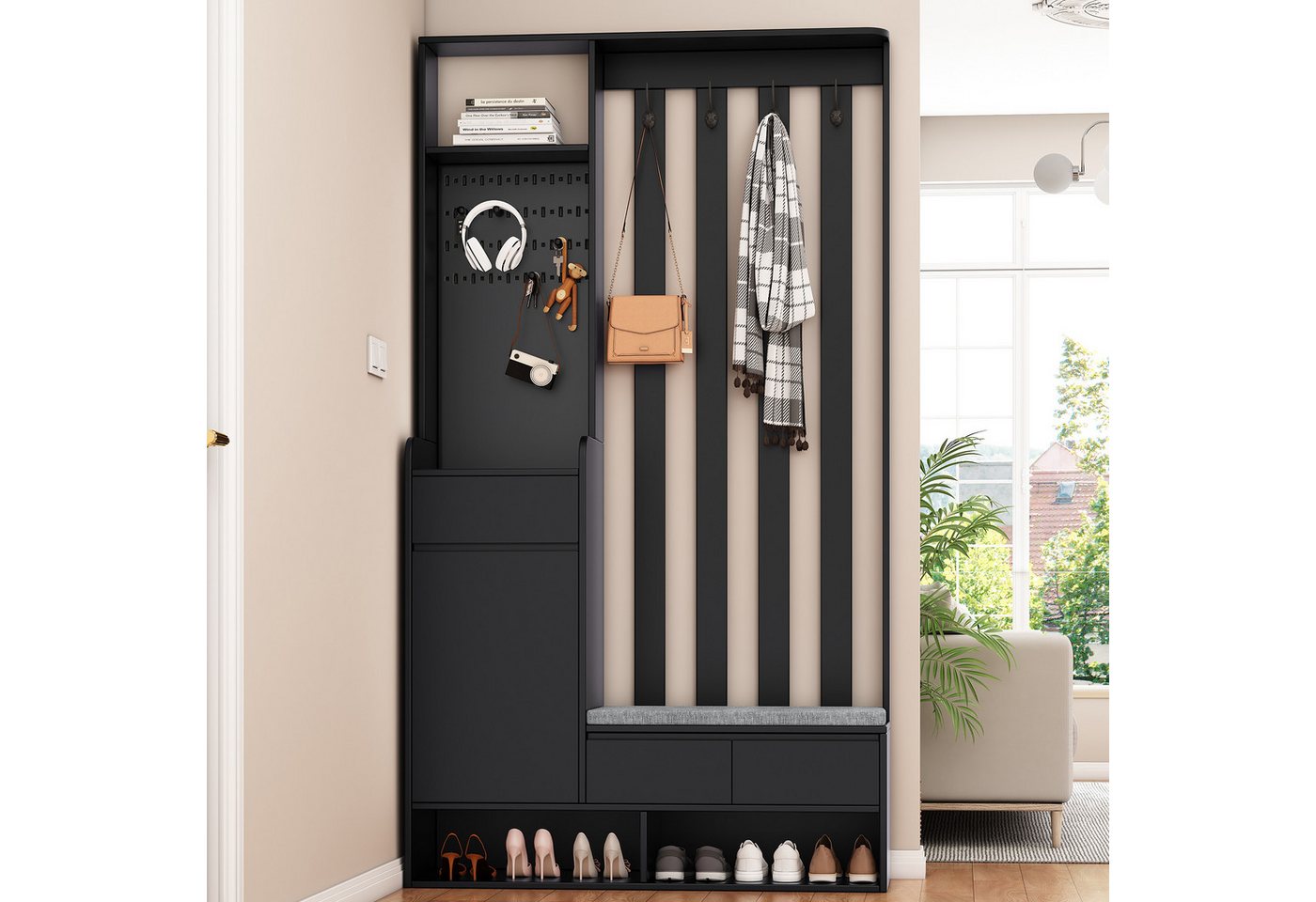 IDEASY Garderobenständer H180*B100*T35 cm, Garderoben-Set mit Bank und Schuhablage, (moderne Garderobe mit 4 Haken für Eingangsbereich, Waschküche), mit gepolsterter Aufbewahrungsbank, Flur-Schuhschrank mit Stecktafel von IDEASY