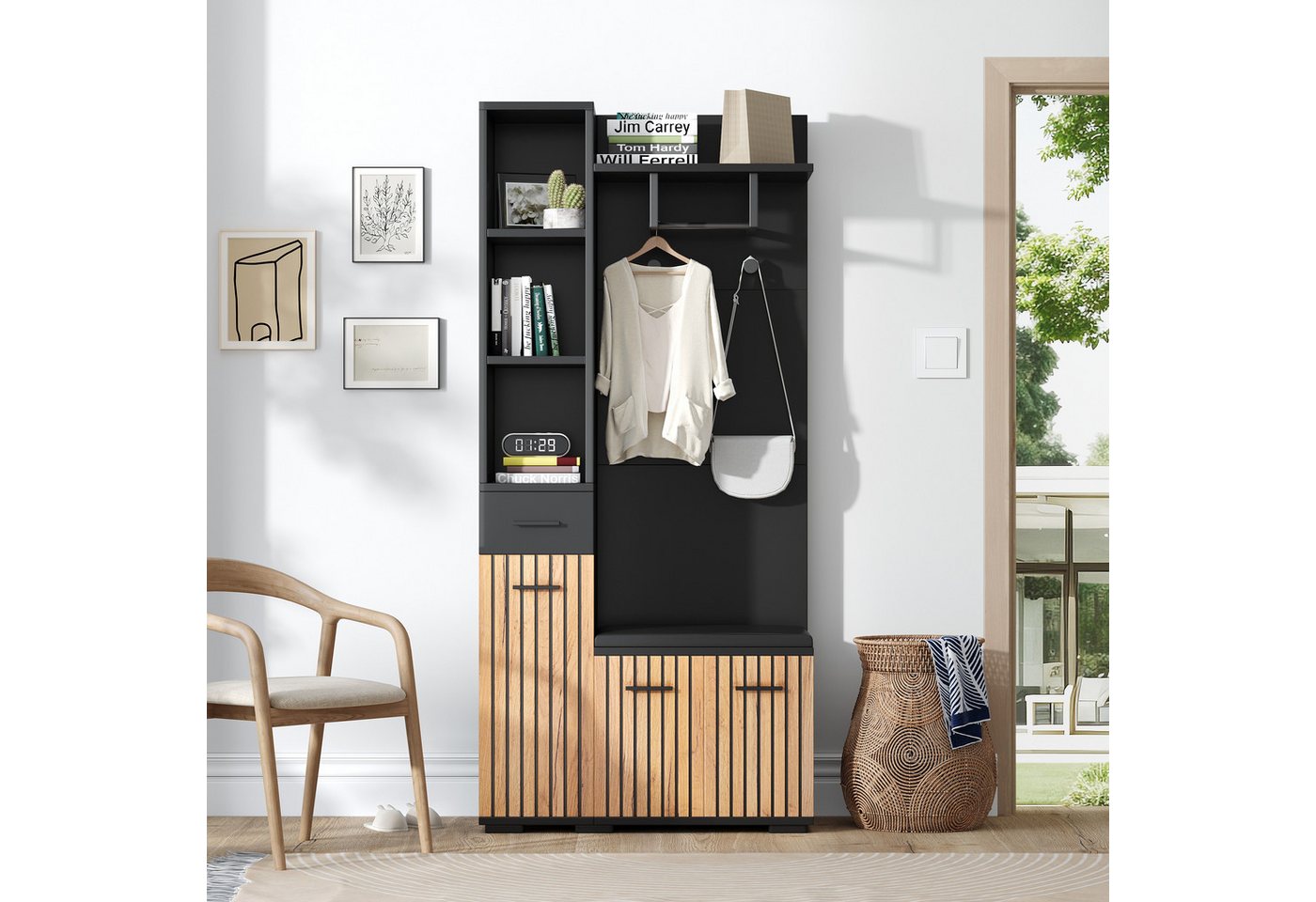 IDEASY Garderobenständer Kompakt-Garderobe 2 Schränke + Schuhbank Schwarz/Holz von IDEASY
