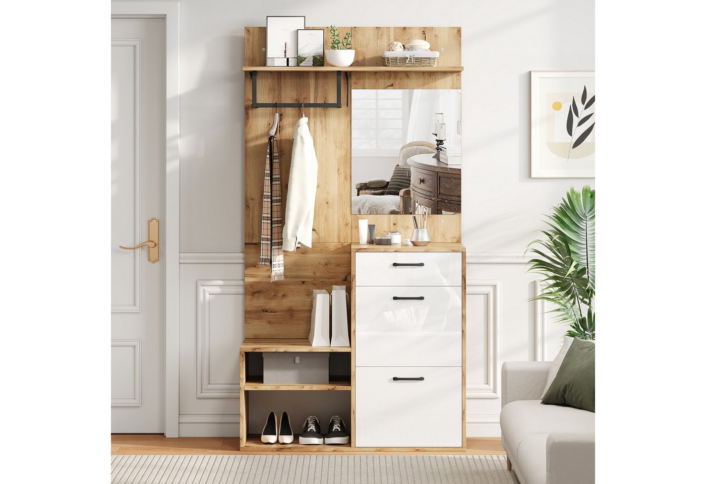 IDEASY Garderobenständer Kompaktgarderobe mit Spiegel & Schuhbank Weiß/Holz IDEASY Garderobenständer Kompaktgarderobe mit Spiegel & Schuhbank Weiß/Holz von IDEASY