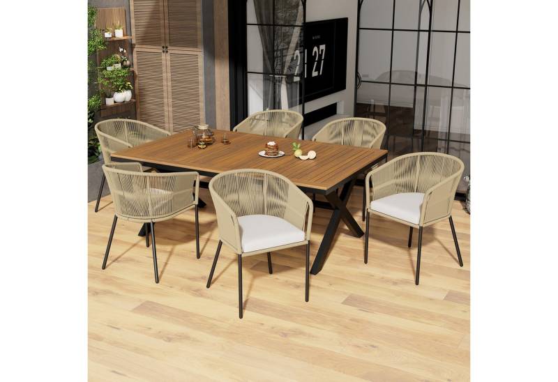 IDEASY Gartenlounge-Set 7-tlg mit Akazienholz-Tisch, Outdoor-Möbelgruppe, (Seilgeflecht Sessel, waschbare Sitzkissen & Fußpolster, 6 Sitzplätze), für Terrasse, wetterfestes Gartenset mit Stauraum von IDEASY