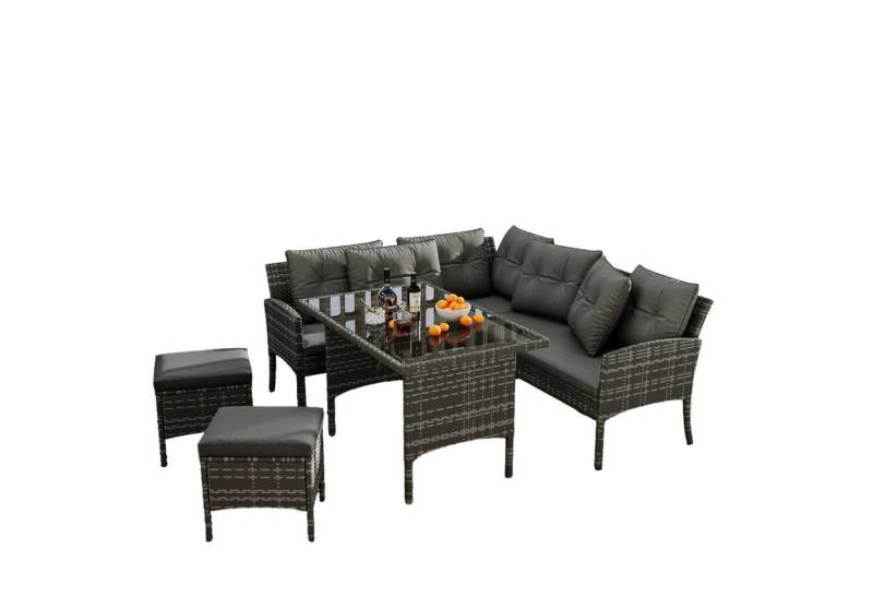 IDEASY Gartenlounge-Set Gartenmöbel Sitzgruppe Set, 7 Personen mit Sofa, Tisch, Hocker, Kissen, Stahl & gehärtetes Glas - UV-beständiges Rattan mit waschbaren Kissen von IDEASY