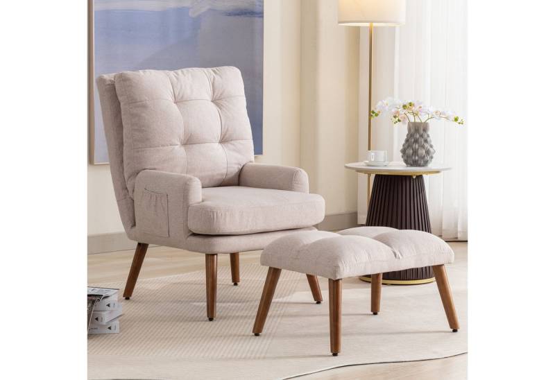 IDEASY Gartensessel Sessel-Loungesessel mit Fußstütze, verstellbarer Rückenlehne, (Loungesessel mit Hocker), gepolstert, Holzbeinen, Seitentaschen zur Aufbewahrung von IDEASY