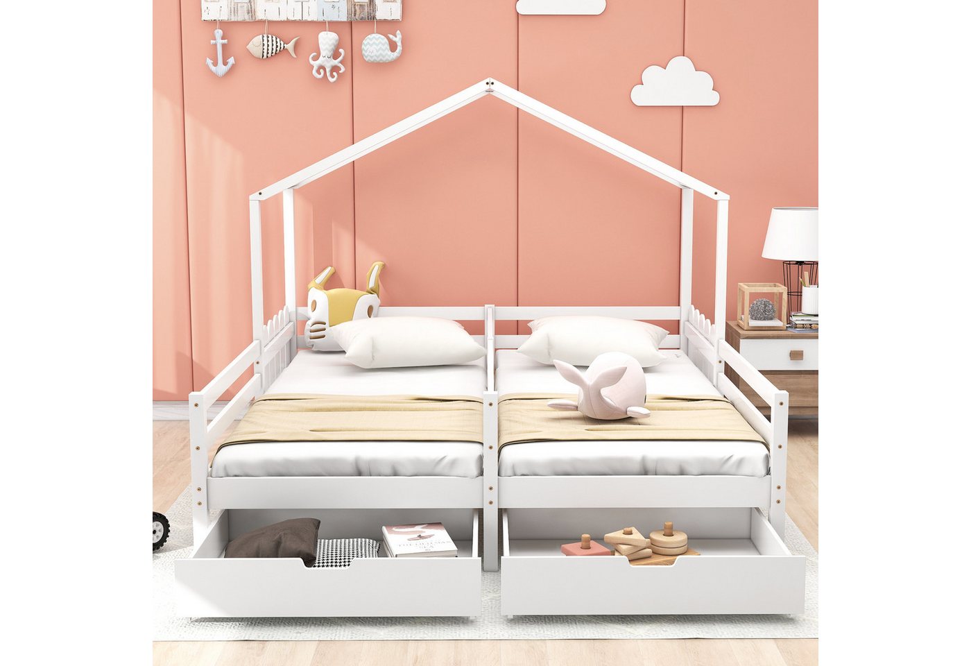 IDEASY Hausbett Jugendbett mit 2 Schubladen, 200 x 90 cm, (stabile Struktur, einfacher Aufbau), integrierte Leichtlaufrollen von IDEASY