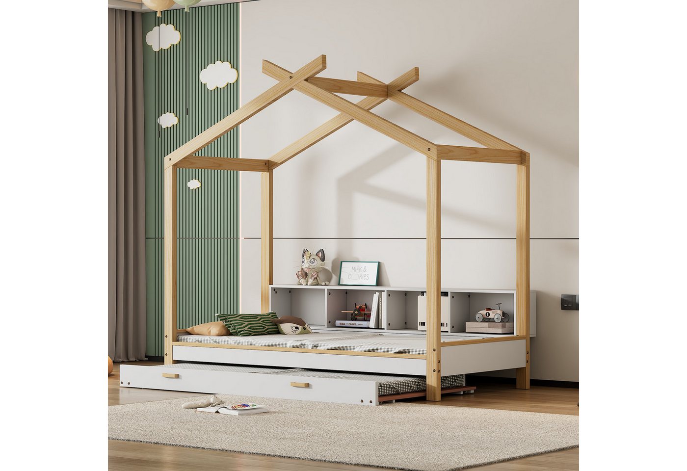 IDEASY Hausbett Robuste 90x200cm Holzbett mit 4 Regalfächern, ausziehbarem (set), Rollbett, Dachdesign, aus Kiefernholz, einfach zu montieren von IDEASY