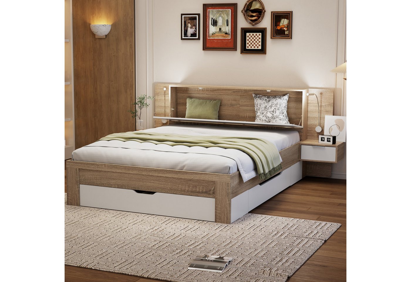 IDEASY Holzbett Doppelbett, Weiß und Eiche, mehrere Schubladen, 140 x 200 cm, (5 Schubladen), LED-Licht, Stauraum im Kopfteil, MDF + Spanplatte, leise Läufer von IDEASY