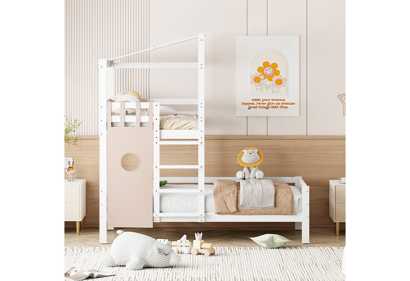 IDEASY Holzbett Kinderbett 90x200, Etagenbett mit Dachschräge, (21 cm über dem Boden), hochwertiger Lattenrost aus Massivholz, grau/weiß von IDEASY