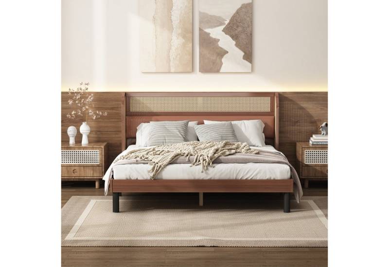 IDEASY Holzbett Rattan-Doppelbett, 160 x 200 cm, Mittelstange, gebogenes Kopfteil, Bodenfreiheit 20,5 cm, maximale Belastbarkeit 200 kg von IDEASY