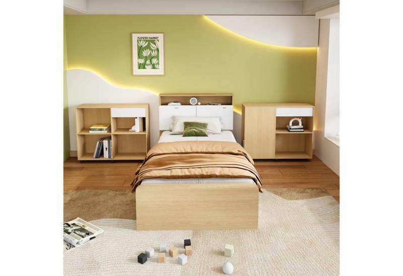 IDEASY Jugendbett Kinderbett, Einzelbett, 90x200 cm, mit 4 Schubladen, (Ohne Matratze und Dekoration), hochklappbares Kopfteil, MDF + Spanplatte, einfacher Aufbau von IDEASY
