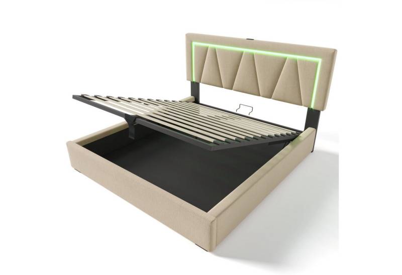 IDEASY Jugendbett Polsterbett Doppelbett mit USB Typ C Ladefunktion LED-Beleuchtung, (Leinenmaterial,Grau/Beige, 140*200cm/160*200cm), Höhenverstellbarem Kopfteil,Stauraum unter dem Bett von IDEASY