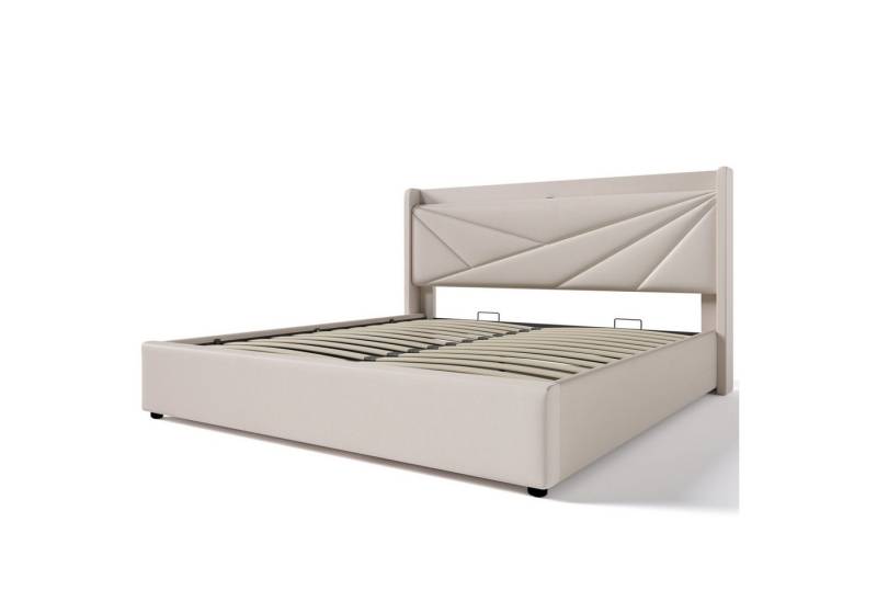 IDEASY Jugendbett Polsterbett Stauraum Bettkasten (mit USB Typ C Ladefunktion Kopfteil,Leinenmaterial,Beige/Grau), 90x200cm/160x200cm/160x200cm,Bettrahmen aus Metall von IDEASY