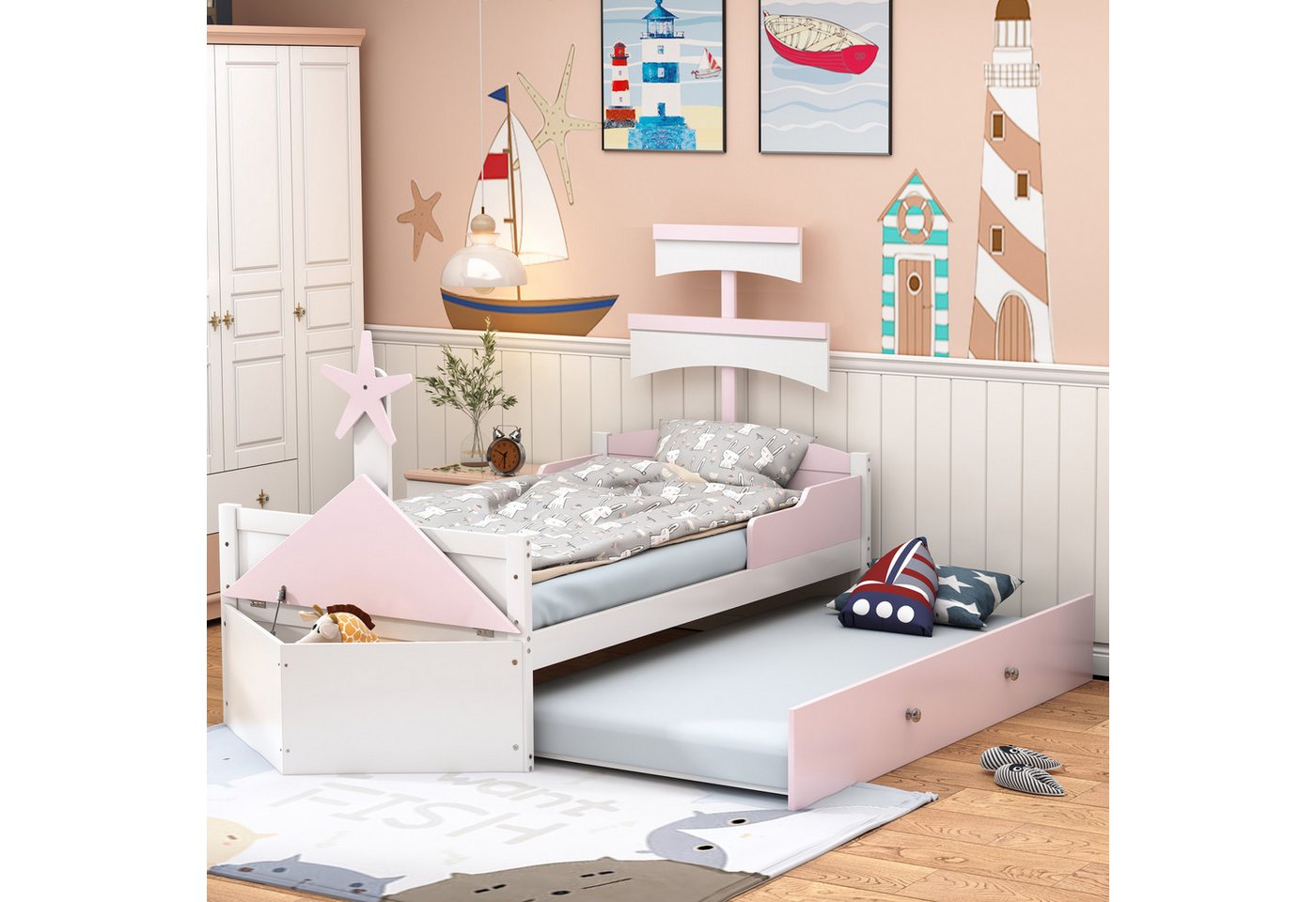 IDEASY Kinderbett 90x200cm in Segelbootform mit Ausziehbett(90x190cm), Einzelbett (Holzbett, Stauschrank am Bettende), Das ausziehbare Bett kann bei Nichtgebrauch verstaut werden von IDEASY