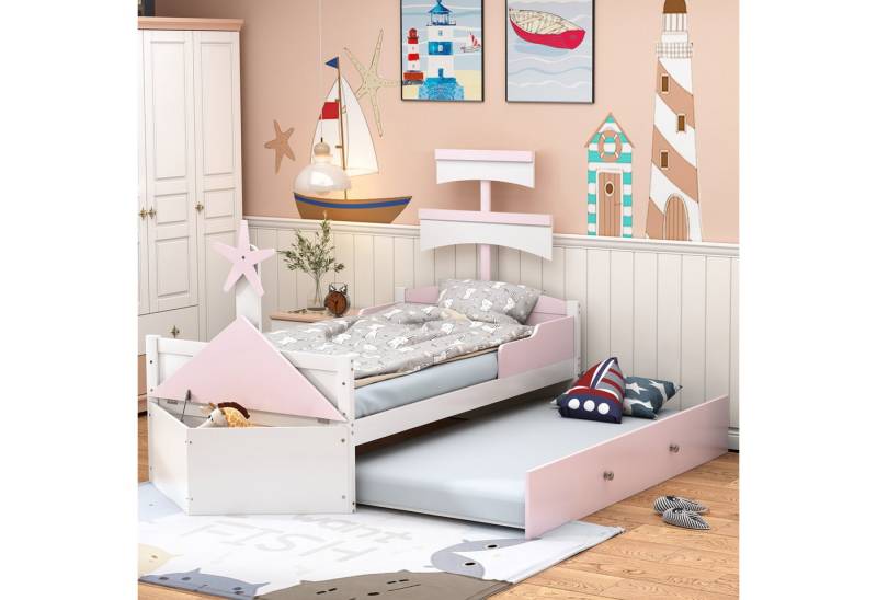 IDEASY Kinderbett 90x200cm in Segelbootform mit Ausziehbett(90x190cm), Einzelbett (Holzbett, Stauschrank am Bettende), Das ausziehbare Bett kann bei Nichtgebrauch verstaut werden von IDEASY