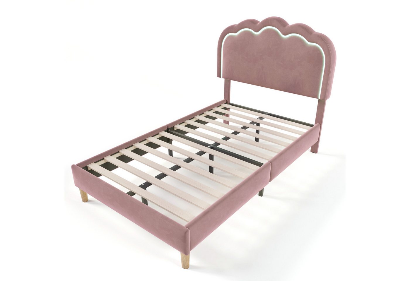 IDEASY Kinderbett LED Einzelbett 90 x 190cm, Bettgestell mit Lattenrost,  (Verstellbares Kopfteil, Gepolstertes bett in Rosa), Bettrahmen Jugendbett für Schlafzimmer Gästezimmer-Samt von IDEASY