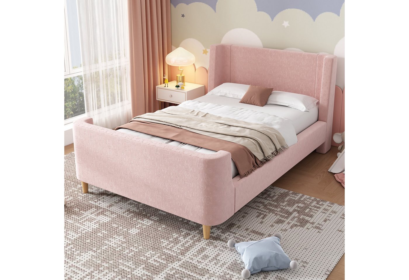 IDEASY Kinderbett Schlittenbett 90x200cm Beige/Grau/Rosa, Für Jungen & Mädchen (Jugendbett, Ohne Matratze), mit kosmischem Muster, Samt Polsterbett von IDEASY