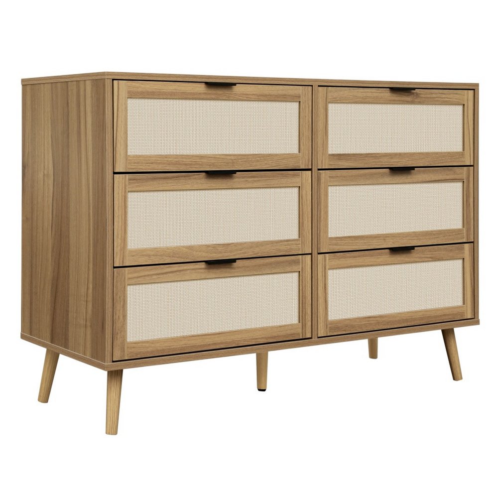 IDEASY Kommode 1St, mit Rattangeflecht und sechs Schubladen, Küchenschrank (Kommode in Walnussfarbe/Schwarze Kommode), Kiefernholz-Füße, Sideboard 118,5 x 45 x 80 cm (LxBxH) von IDEASY