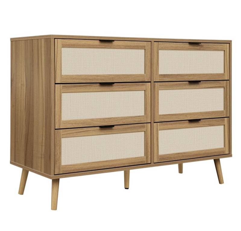 IDEASY Kommode 1St, mit Rattangeflecht und sechs Schubladen, Küchenschrank (Kommode in Walnussfarbe/Schwarze Kommode), Kiefernholz-Füße, Sideboard 118,5 x 45 x 80 cm (LxBxH) von IDEASY
