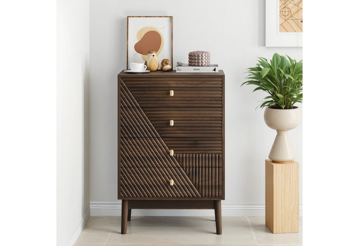 IDEASY Kommode 4-Schubladen Kommode Holz Walnuss für Wohnzimmer IDEASY Kommode 4-Schubladen Kommode Holz Walnuss für Wohnzimmer von IDEASY