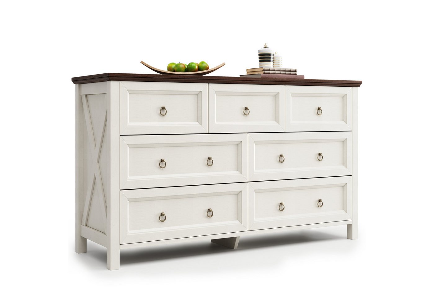 IDEASY Kommode Weiße Vintage Sideboard mit 7 Schubladen, Alu-Griffe & Walnussplatte (praktischer Stauraum durch 7 geräumige Schubladen), Retro-Design mit strukturierten Aluminiumgriffen warmer Nussbaum-Optik von IDEASY