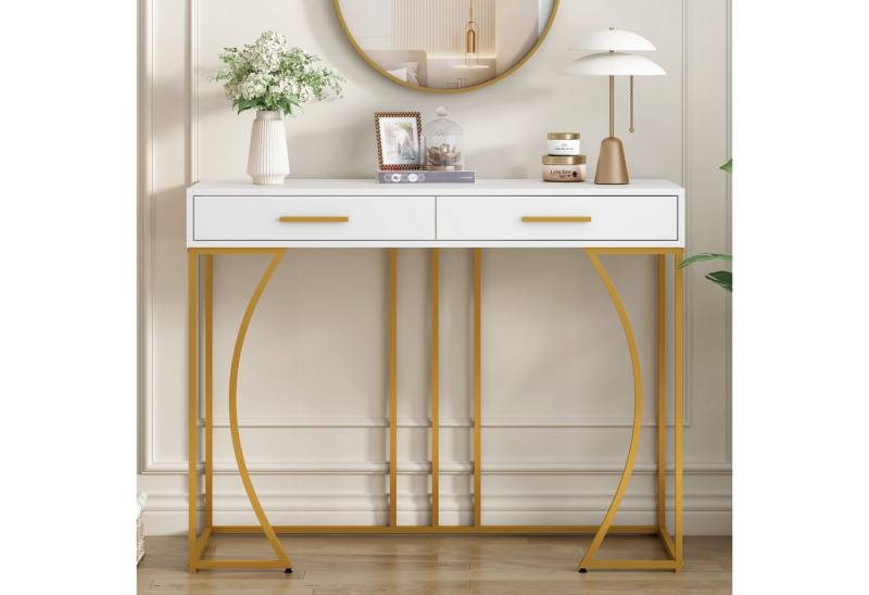 IDEASY Konsolentisch Flurtisch mit 2 Schublade,Leichter Luxus-Stil Beistelltisch (Elegant und modern Frisiertisch mit goldfarbenen Metallbeinen), 120x38x76 cm sideboard flur für Schlafzimmer, Wohnzimmer, Flur von IDEASY
