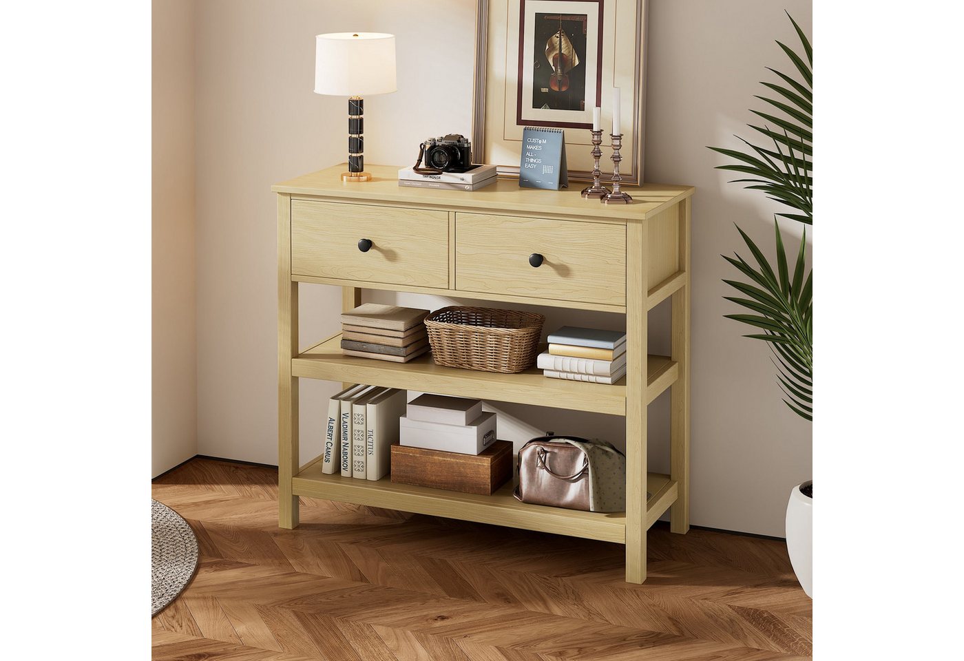 IDEASY Konsolentisch Retro-Konsolentisch mit Schubladen & Regalen – Holz von IDEASY
